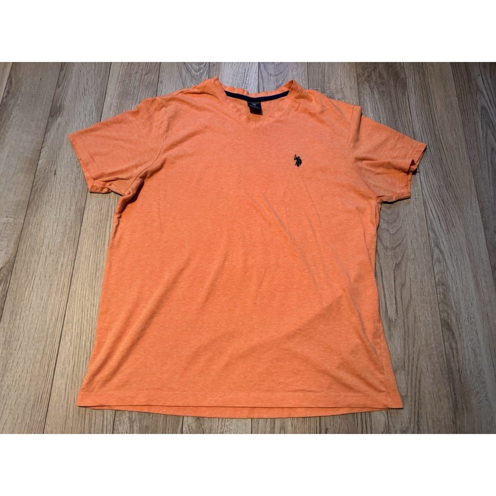 US Polo Assn Mens‎ V-Neck T-Shirt Large Orange Heathered Short Sleeve Logo